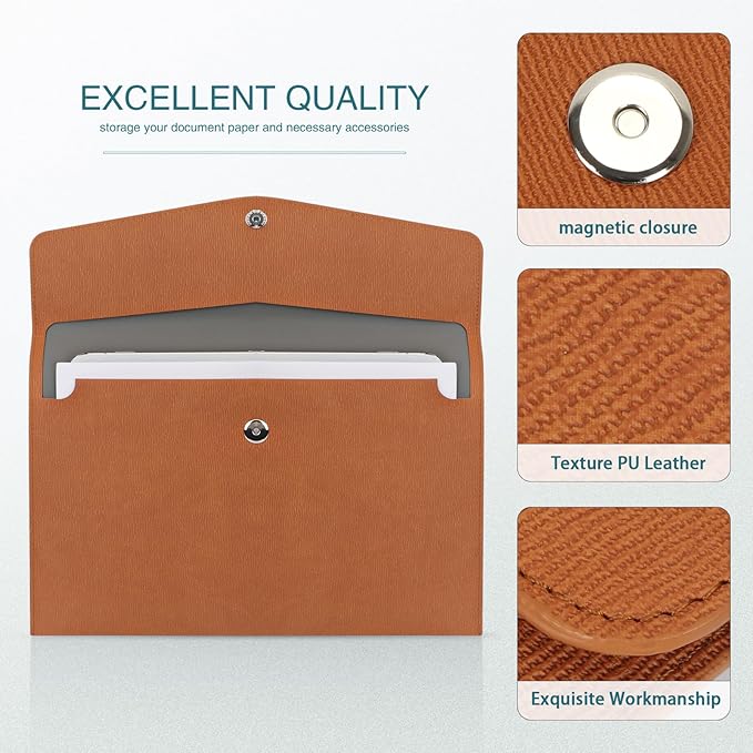 FYY File Folder, PU Leather A4 Document Holder File Organizer Filing Envelope Portfolio Case Tablet Sleeve with Magnetic Snap Closure for Home School Office Stationery Brown