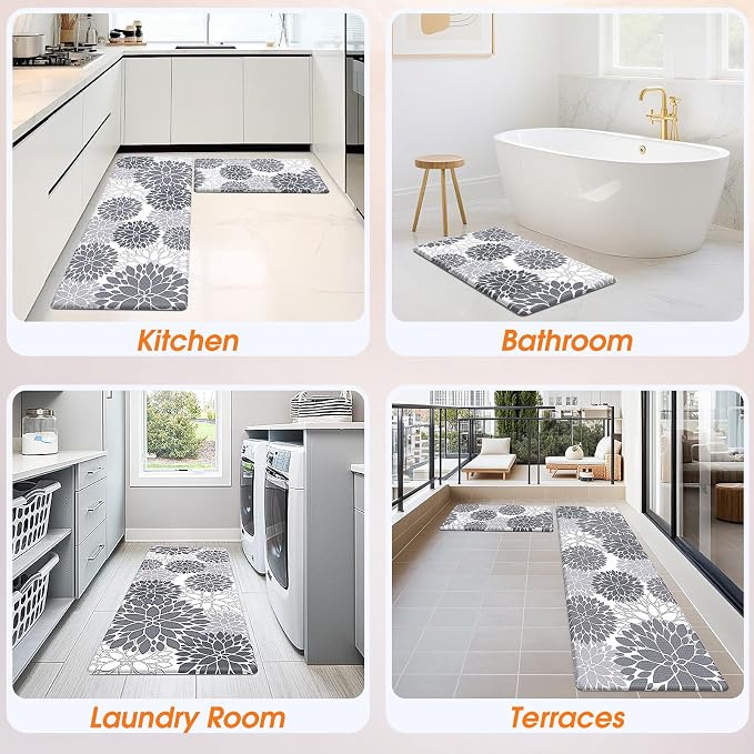 StepLively Kitchen Mats for Floor 2PCS, 0.47" Anti Fatigue Mats for Kitchen Floor, Kitchen Accessories for Sink, Office, Laundry, 17.3"×30"+17.3"×47", White and Grey
