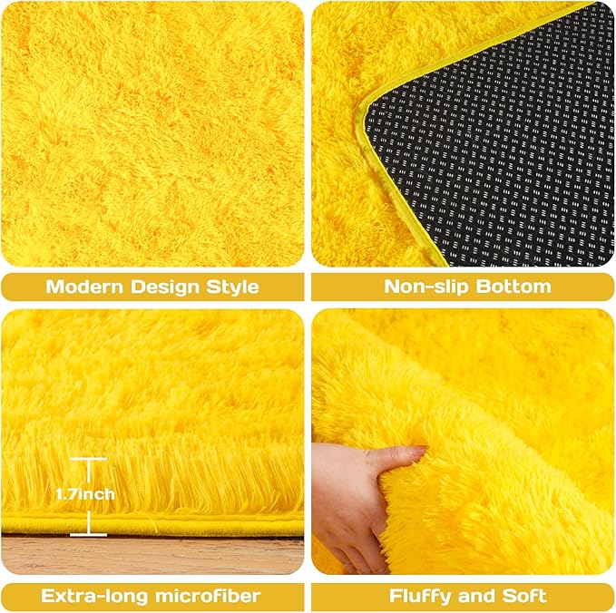 Area Rugs for Living Room Bedroom 9x12, Ultra Fluffy Shag Rug Modern Washable Carpet Soft Shaggy Non Slip Indoor Plush Fuzzy Rugs for Bedroom Dorm Office Home Aesthetic Decor, Yellow