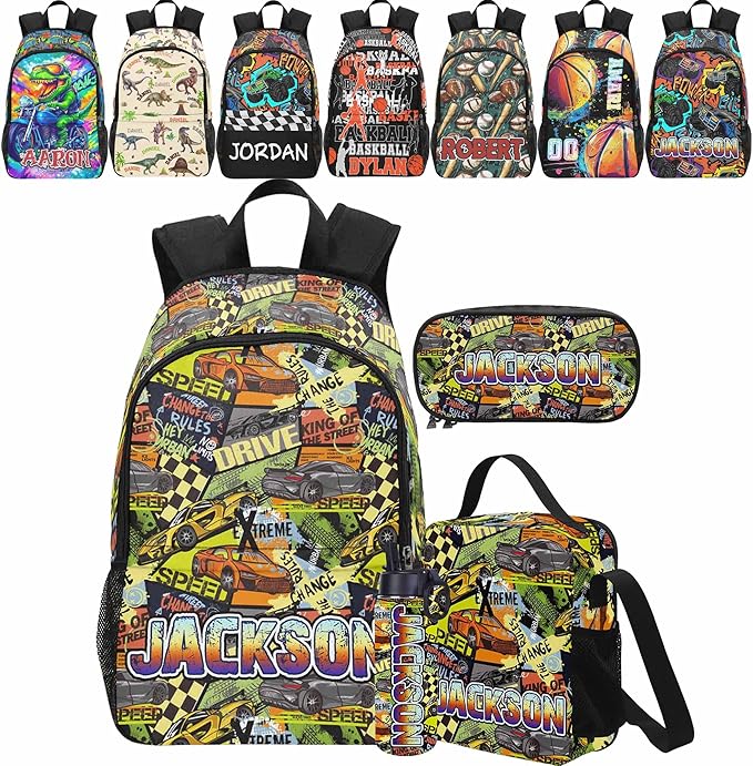 Personalized Cars Toddler Backpack with Name Custom Kids School Backpack for Boys Back to School Supplies Customized Name Schoolbag Bookbag and Water Bottle Cup&Pencil Pouch for Preschool Elementary