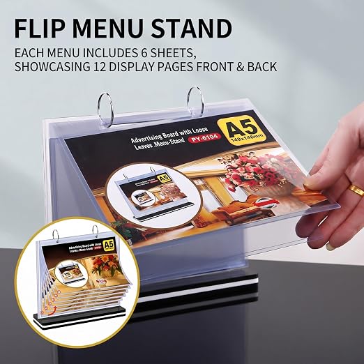 2Pcs Table Flip Menu Holder with 6 Pages Sleeve, 5.5" X 8.5" Tabletop Sign Signage Horizontal Display Stand with Base, Suction Cups, Paper Cutter, Rotating Binders Rack, for Photo, Bar, Job Fair
