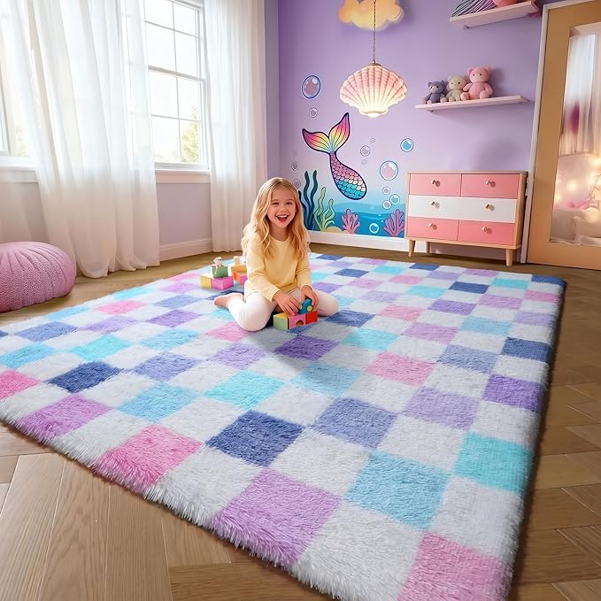 KICMOR Purple Rainbow Checkered 5x7 Area Rugs for Living Room, Colorful Fluffy Soft Fuzzy Shag Shaggy Bedroom Carpet, Cute Indoor Furry Plush Rug for Kids Girls Dorm Nursery Home Decor Aesthetic