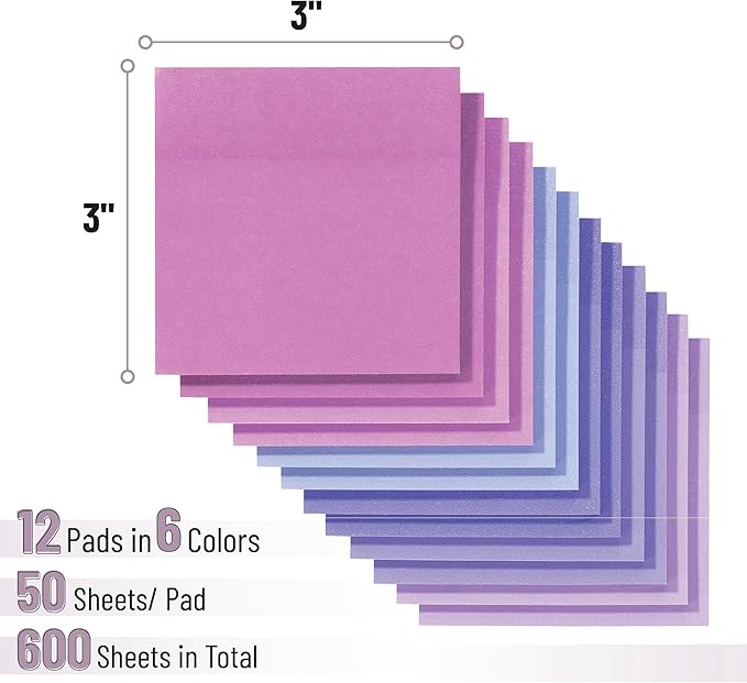 Mr. Pen- Sticky Notes, 3" x 3", 12 Pads, 600 Sheets, Purple Shades, Self-Stick Note Pads Bulk