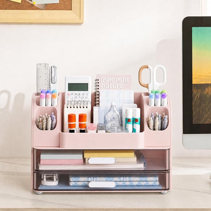 HBlife Desk Organizer with Pencil Pen Organizer for Desk, Pen Holder with 2 Drawers, Desk Organizers and Accessories with Compartments, Desktop Storage for Office Home School Art Supplies, Pink