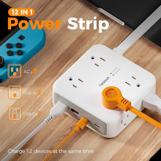 TESSAN Dual Surge Protector Power Strip, 5 Ft Extension Cord Flat Wall Plug with 4 USB (2 USB C) 8 Outlets, 2100J Protection, 1875W 15A, 20W Multiple Charging Station for Home, Office, Dorm, Grey
