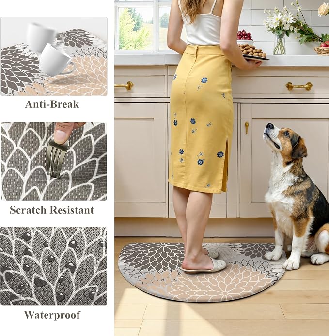 KIMODE Half Circle Kitchen Mats for Floor Cushioned Anti Fatigue Semi Round | Half Round,28"x18",Dahlia Boho,Pink,Kitchen Rug Non Slip ,Waterproof Sink Floor Mat Carpet Decor for Laundry Bathroom