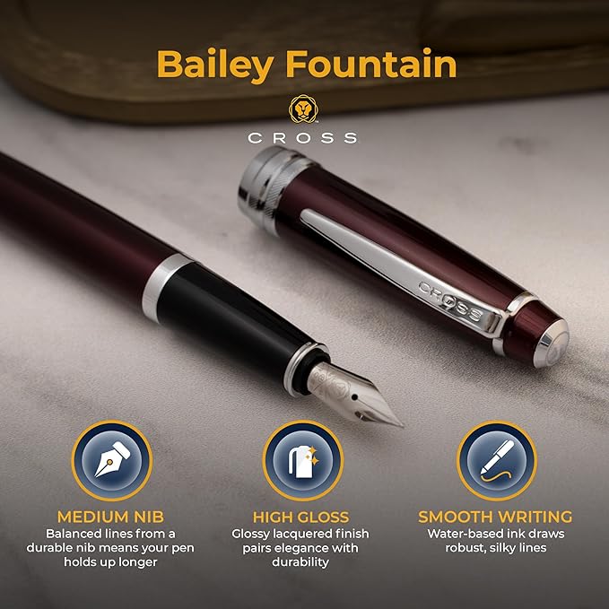 Engraved Cross Fountain Pen | Personalized Cross Bailey Red Lacquer Fountain Pen with Chrome Trim. Personalization, Gift Box, & Starter Ink Included.