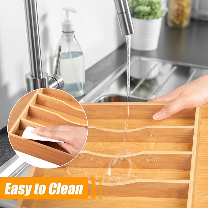 Bamboo Silverware Drawer Organizer, Kitchen Utensil Drawer Organizers, 12"x15.7" Utensils Holder Cutlery Tray with Grooved Drawer Dividers for Kitchen Flatware Bedroom Office(7 Slot, Natural)