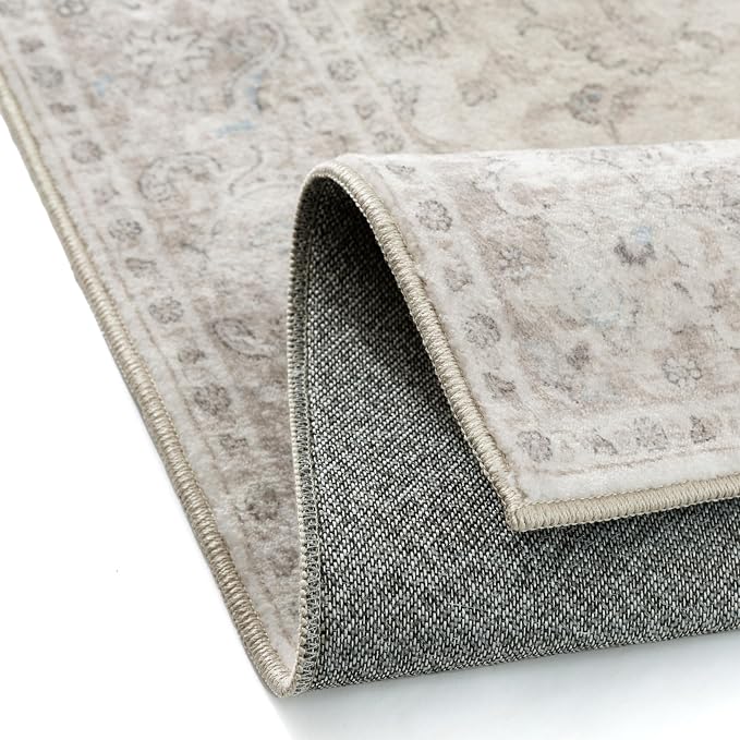 PureCozy 9x12 Area Rug Washable Neutral Beige Vintage Living Room Bedroom Carpet Non Slip Low Pile Soft Floral Indoor Large Throw Rug for Dining Room Office