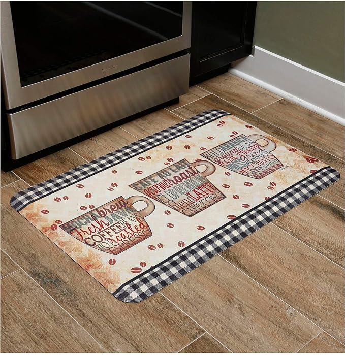 J&V TEXTILES Anti Fatigue Cushioned Comfort Mat, Ergonomically Durable, Supportive, Padded, Thick and Washable, Stain-Resistant, Kitchen, Garage, Office Standing Desk Mats (Coffee Words)