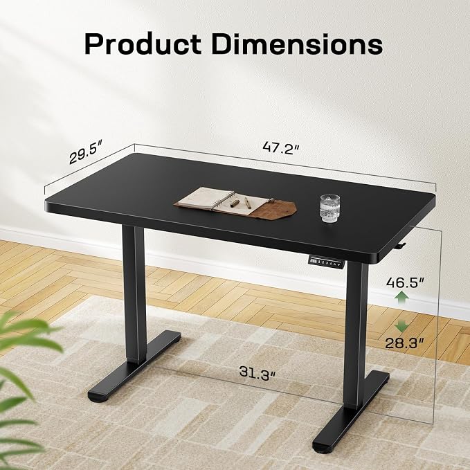 Marsail 48 x 30 Electric Standing Desk with One-Piece Desktop, Sit Stand Desk with Thickened Tabletop, Height Adjustable Stand Up Desk with Cable Management for Home Office(Frame+Desktop, 2 Packages)