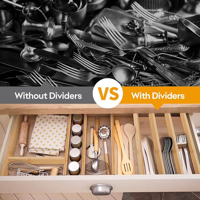 Bamboo Drawer Dividers Organizers, Kitchen Drawer Dividers for Clothes, Adjustable Drawers Separators for Dresser, Bedroom, Bathroom, Office, 4 Pack, 13“-17”