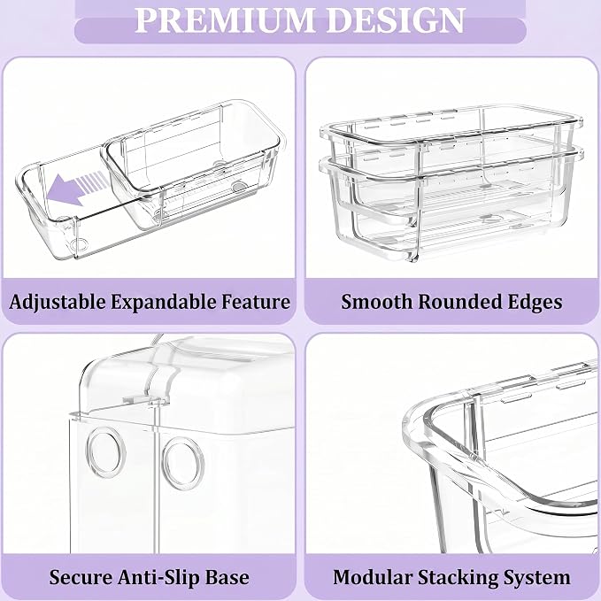 16 Pcs Extendable Clear Drawer Organizer|2-Size Expandable Drawer Dividers | Expanding Plastic Storage Boxes, Arcrylic Storage Bins for Vanity Makeup Drawer Dresser Kitchen Utensils DIY Desk Office