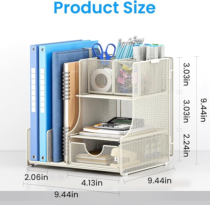Lavatino Desk Organizer – 4-in-1 White Mesh Office Supplies Organizer with Pen Holder, File Holder, Desktop Tray, and Drawer for Home, Office, Classroom