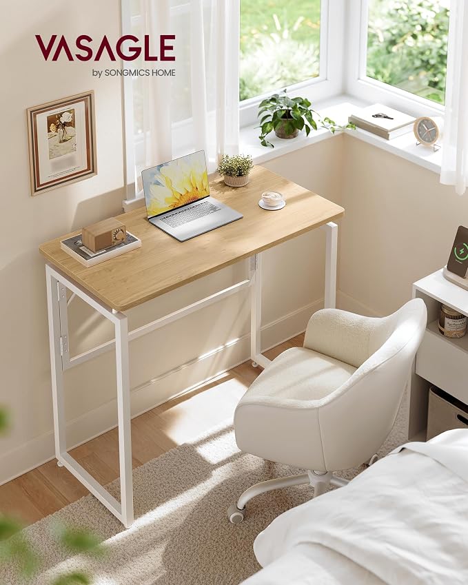 VASAGLE Folding Desk, Foldable Computer Desk, One-Piece Desktop, Rounded Edges, Small Folding Craft Table for Bedroom, Balcony, Camping, Easy Assembly, 31.5 x 15.7 Inches, Straw Yellow ULWD151YD01