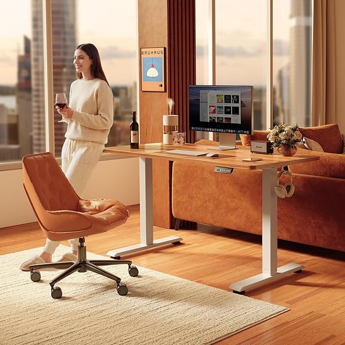 FEZIBO 48 x 24 Inchs Electric Standing Desk, Height Adjustable, Sit Stand Up, Computer Office Desk with Splice Board, White Frame/Light Rustic Top