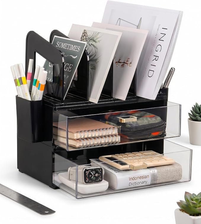LALOBLUE Acrylic Desk Organizer with Drawer and Vertical File Holder, Desk Organizers and Accessories, Multi-Functional Office Supplies Organizer for Home or Work Desk, Black