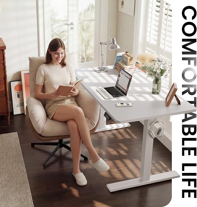 CubiCubi Electric Standing Desk 40 x 24 Inch, Height Adjustable Sit Stand Desk with Memory Presets, Splice Desktop Computer Desk for Home Office, White Frame/White Top