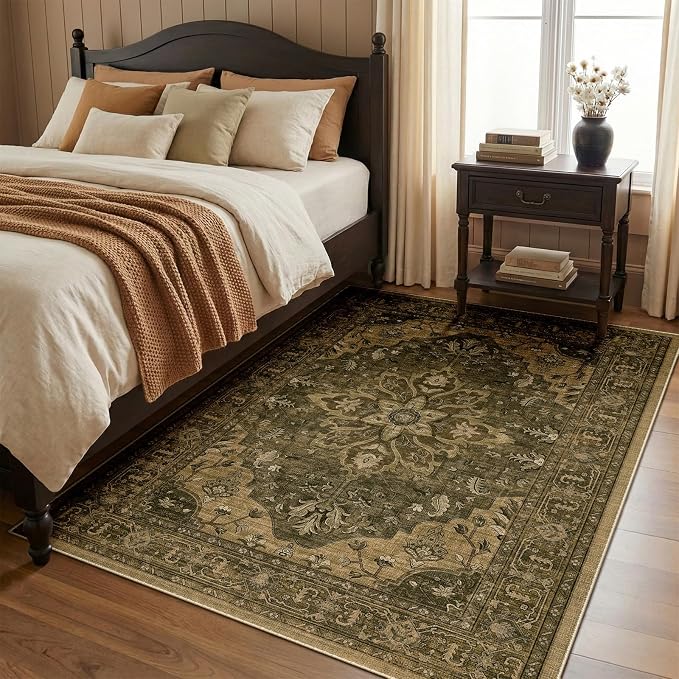 RELEANY Area Rugs 4'x6' Washable Non-Slip, Floral Vintage Distress Medallion Carpet for Living Room Bedroom Dining Room, Brown Dark Brown