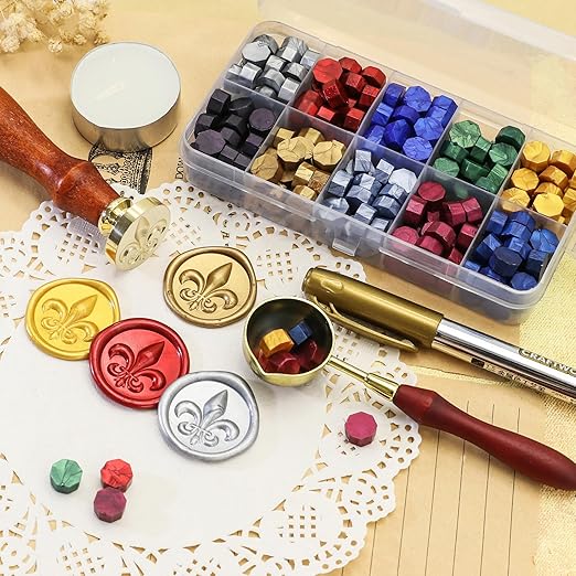 SWANGSA 3D Fleur de Lis Wax Seal Stamp with 200pcs Sealing Wax Beads, Great for Embellishment of Wedding Invitations, Wine Packages, Gift Wraps