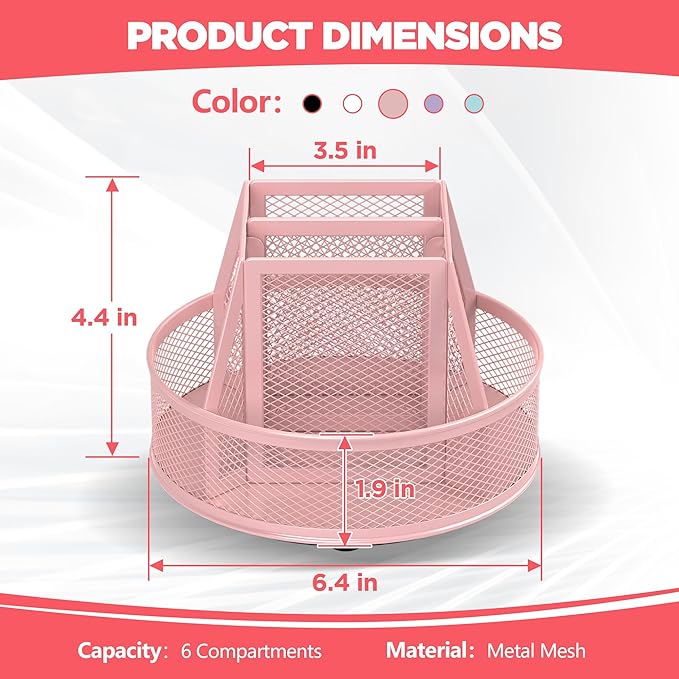 Docnest Mesh 360 Degree Rotating Pen Holder with 6 Compartment,Metal Pencil Cup Art Supply Storage Box Caddy,Teacher Stationery and Dorm Supplies Desk Organizer for Pencil,Sticky Note,Scissors-Pink