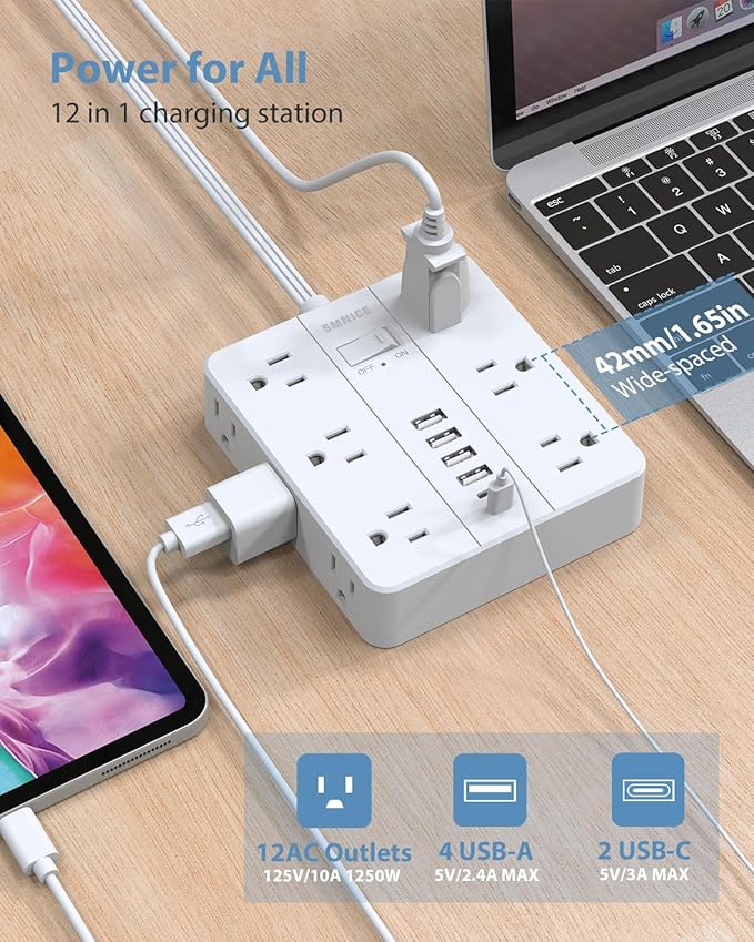 Power Strip Flat Plug with 12 Outlets 6 USB(2 USB C),SMNICE Power Strip Charging Station with Overload Protection,5ft Extension Cord Widely Spaced Multiple Outlets for Home Office Dorm Essentials