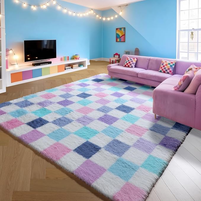 KICMOR Purple Rainbow Checkered Rugs for Living Room, Fluffy Soft 8x10 Area Rugs Colorful Fuzzy Shag Shaggy Bedroom Carpet, Cute Indoor Plush Rug for Kids Girls Dorm Nursery Home Decor Aesthetic