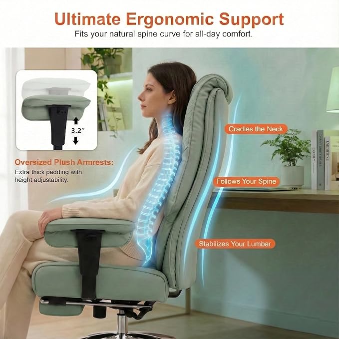 Big and Tall Office Chair 400lbs Wide Seat, Leather High Back Executive Office Chair with Foot Rest, Ergonomic Chairs Lumbar Support for Lower Back Pain Relief (Light Green)