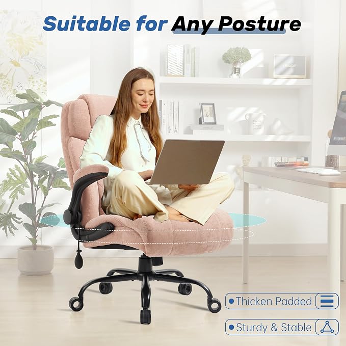 550LBS Big and Tall Office Chair, Comfy Heavy Duty Executive Chair with Adjustable Lumbar Support Double Spaces Casters, Fabric Extra Wide Seat Ergonomic Computer Desk Chair for Back Pain,Pinkcloth