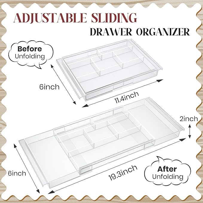 4pack Shallow Expandable Drawer Organizer, Adjustable 12.5”–20” Clear Plastic Drawer Organizer Tray for Vanity Bathroom Desk Kitchen Drawers, Multi Compartment Storage