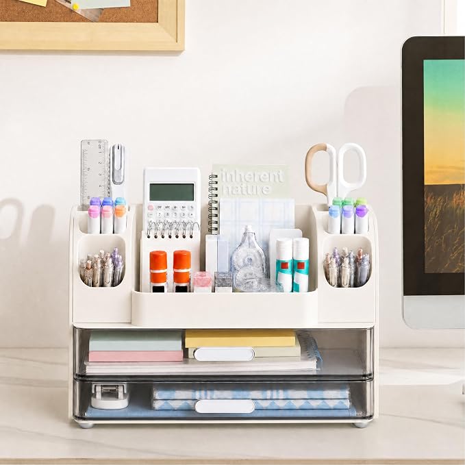HBlife Desk Organizer with Pencil Pen Organizer for Desk, Pen Holder with 2 Drawers, Desk Organizers and Accessories with Compartments, Desktop Storage for Office Home School Art Supplies, White