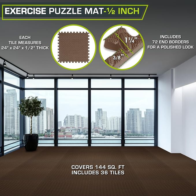 ProsourceFit Exercise Puzzle Mat 1/2-inch, EVA Interlocking Foam Floor Tiles for Home Gym, Workout Equipment, Kids Play Areas, Brown, 144 Sq Ft - 36 Tiles