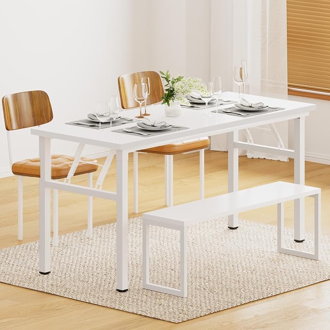 DlandHome Computer Desk 62 inches Office Desk Computer Table Study Writing Desk Workstation for Home Office Metal Frame No Install Needed White and White