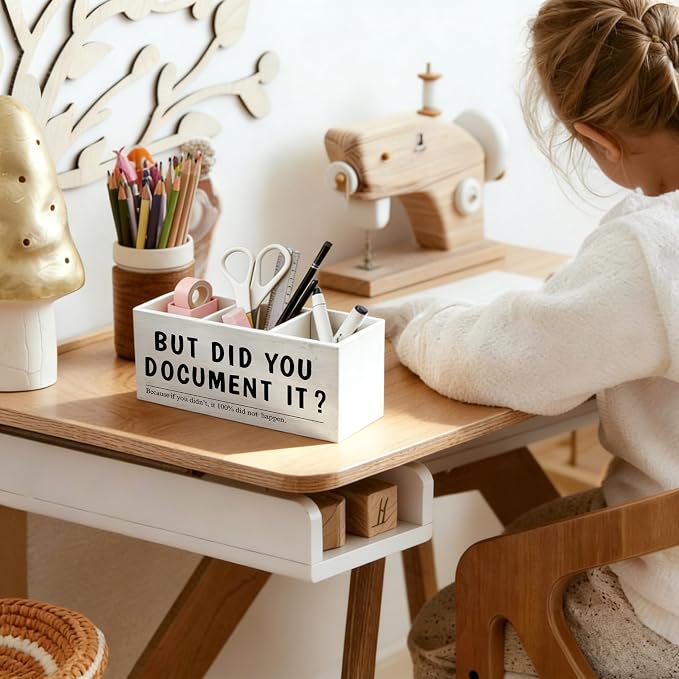Funny Office Wooden Pen Holder for Desk, Sarcastic Gifts for Coworkers Employee, But Did You Document It Humorous Pencil Organizer Wooden Box Sign for Office Workplace Home Decoration
