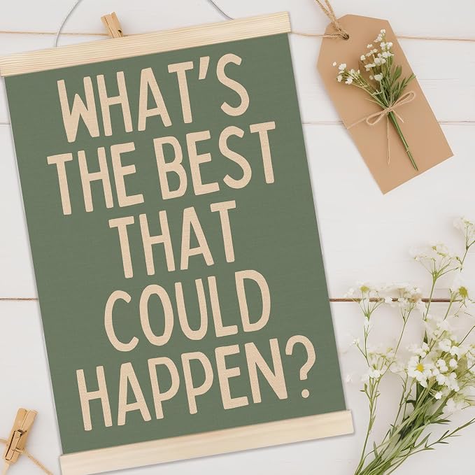Welshower Boho Motivational Positive Poster Hanger Frame, What's the Best That Could Happen Positive Affirmations Wall Art Prints Decor for Living Room Bedroom Home Office Framed, 12x16 Inch（green）
