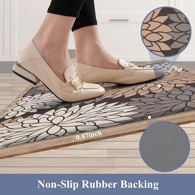 HEBE Anti Fatigue Kitchen Rugs Set of 2, Cushioned Kitchen Mats for Floor | Non Slip Washable Kitchen Runner Rug Set, Floral Stain Resistant Waterproof Comfort Mat Carpet for Sink, Standing Desk