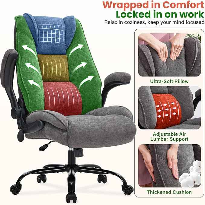 CIOMAN 500lbs Big and Tall Office Chair with Inflatable Lumbar Support, Rubber Wheels Executive Chair with Rocking Function, High Back Wide Cushion Ergonomic Desk Chair for All-Day Sitting,Grey