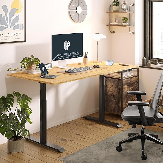 FLEXISPOT E6 Pro Oval Leg Dual Motor 3 Stages Bamboo Whole-Piece Electric Standing Desk 55x28 Inch Board Height Adjustable Electric Sit Stand Up Desk (Black Frame + Bamboo Whole-Piece Desktop)