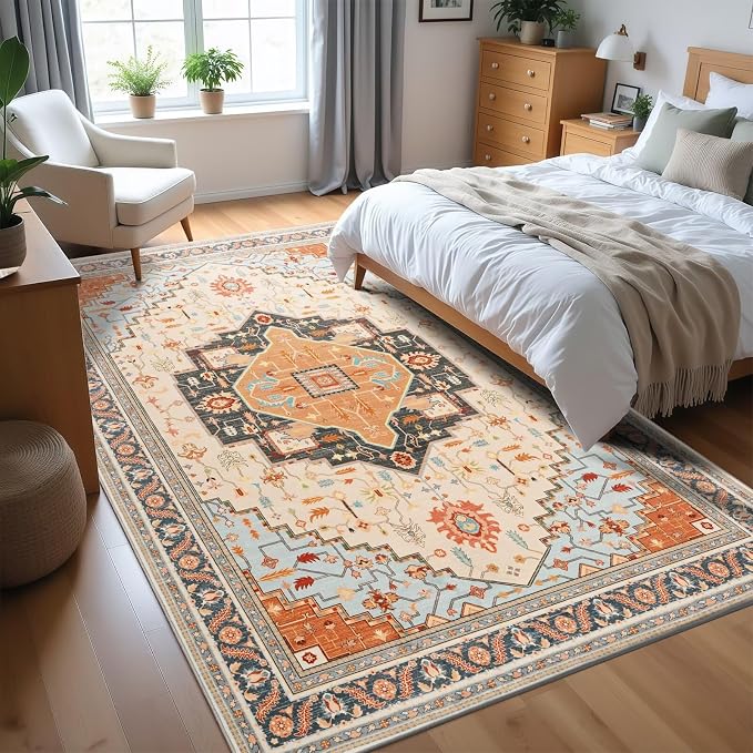 Macgace 4x6 Orange Beige Area Rug for Living Room, Machine Washable Rugs with Non-Slip Backing for Bedroom, Vintage Medallion Carpet Kitchen Laundry Kids Room Decor