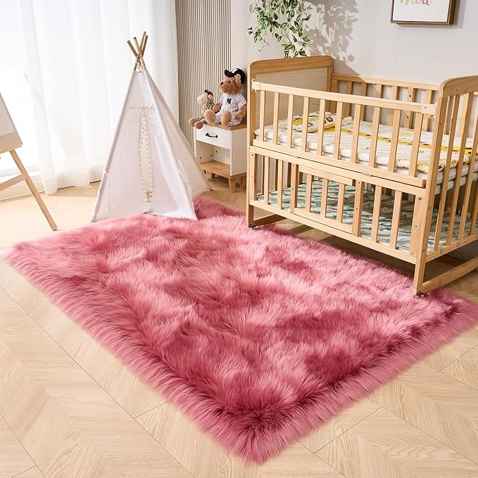 EasyJoy Ultra Soft Fluffy Shaggy Area Rug Faux Fur Rug Chair Cover Seat Pad Fuzzy Area Rug for Bedroom Floor Sofa Living Room (4 x 6 ft Rectangle, BlushPink)