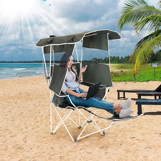 Nice C Chair with Canopy, Umbrella Chairs for Adults, Sports Chair with Shades, with Removable Footrest, Cooler Bag, Cup Holder for Camping, Fishing, Sports, Soccer, Beach (1Pack Green)
