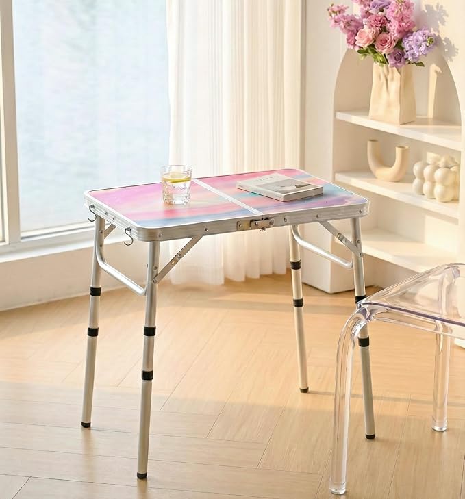 Yriuat Folding Camping Table 2ft Portable Picnic Table Adjustable Height Small Card Table Aluminum Foldable Lightweight with Carry Handle for Outdoor Indoor Hiking Camp BBQ Beach (Blush Haze)