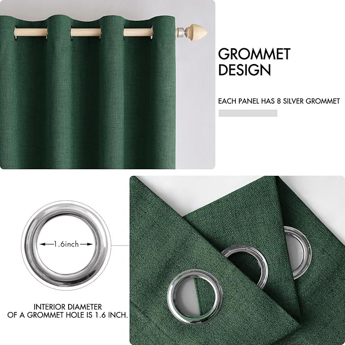 MIULEE Linen Curtains for Bedroom 100% Blackout Thermal Insulated Emerald Green Grommet Room Darkening Curtains & Drapes Christmas Decor for Living Room 52 x 90 Inch (2 Panels)