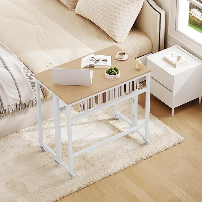Folding Computer Desk with Storage Shelf, 25.2" Rolling Folding Desk with Wheels, for Small Spaces, Living Room, Bedroom, Office, White and Natural DN08WN