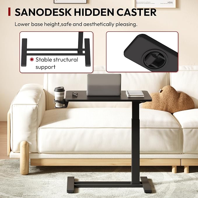 SANODESK 28''Mobile Standing Desk with Hidden Wheels,Pneumatic Laptop Desk | Computer Cart Movable Height Adjustable Table Small Sit Stand Desk for Home Office Hospital Use,27.6" W x 15.7" D, Black