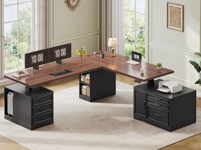 SEDETA Farmhouse L Shaped Electric Standing Desk with File Cabinet, 77 x 55'' Height Adjustable Home Office Computer Desk with 6 Drawers, Power Outlet, Sit Stand Desk, Black