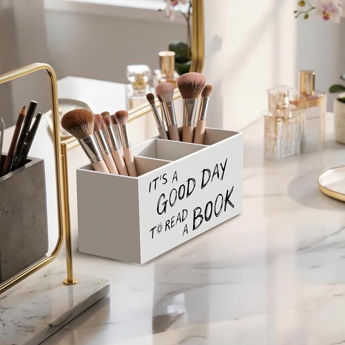 Bookmark Wooden Pen Holder for Desk, Bookish Bookworm Librarian Gifts, It's a Good Day to Read a Book Pencil Organizer Wooden Box Sign for Reading Room Library Classroom Decoration