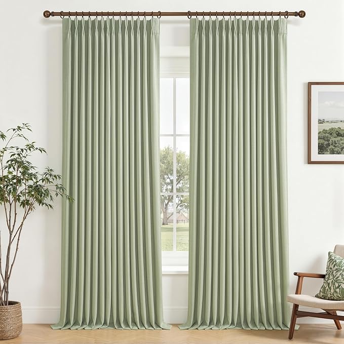 120 Inch Extra Long Sage Green Blackout High Ceiling Curtains for Living Room, Memory Trained Pinch Pleated Two Layer Linen Soundproof Heat Blocking Boho Large Windows Curtain 10FT Length 2 Panels Set