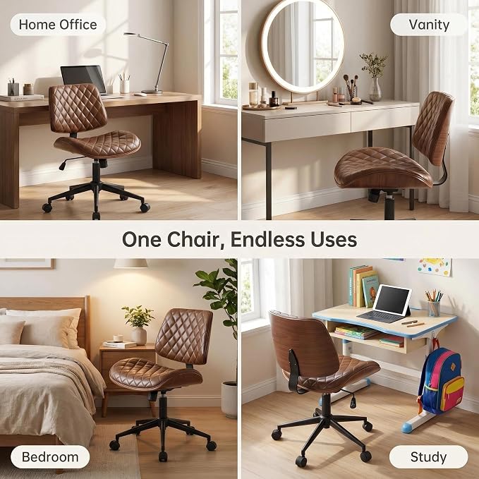 Furnimart Wooden Armless Desk Chair with Wheels, 360° Swivel Faux Leather Vanity Chair for Bedroom, Small Office Computer Task Chair for Home & Compact Spaces (PU Brown)