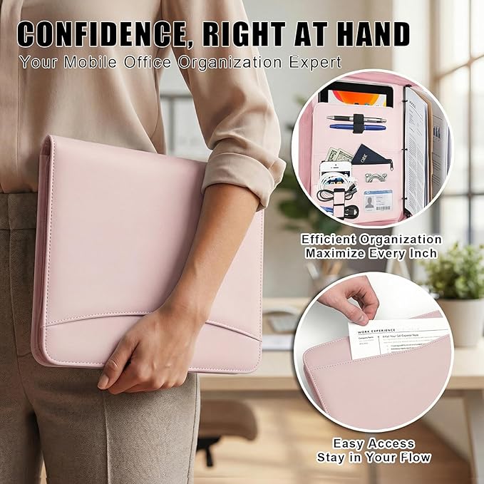 OOWOLF Padfolio Portfolio Folder, PU Leather Professional with 1 inch 3 Ring Binder 8.5 x 11 Letter Size Writing Pad Interview Resume Document Organizer Business Card Holder Zippered Closure Pink